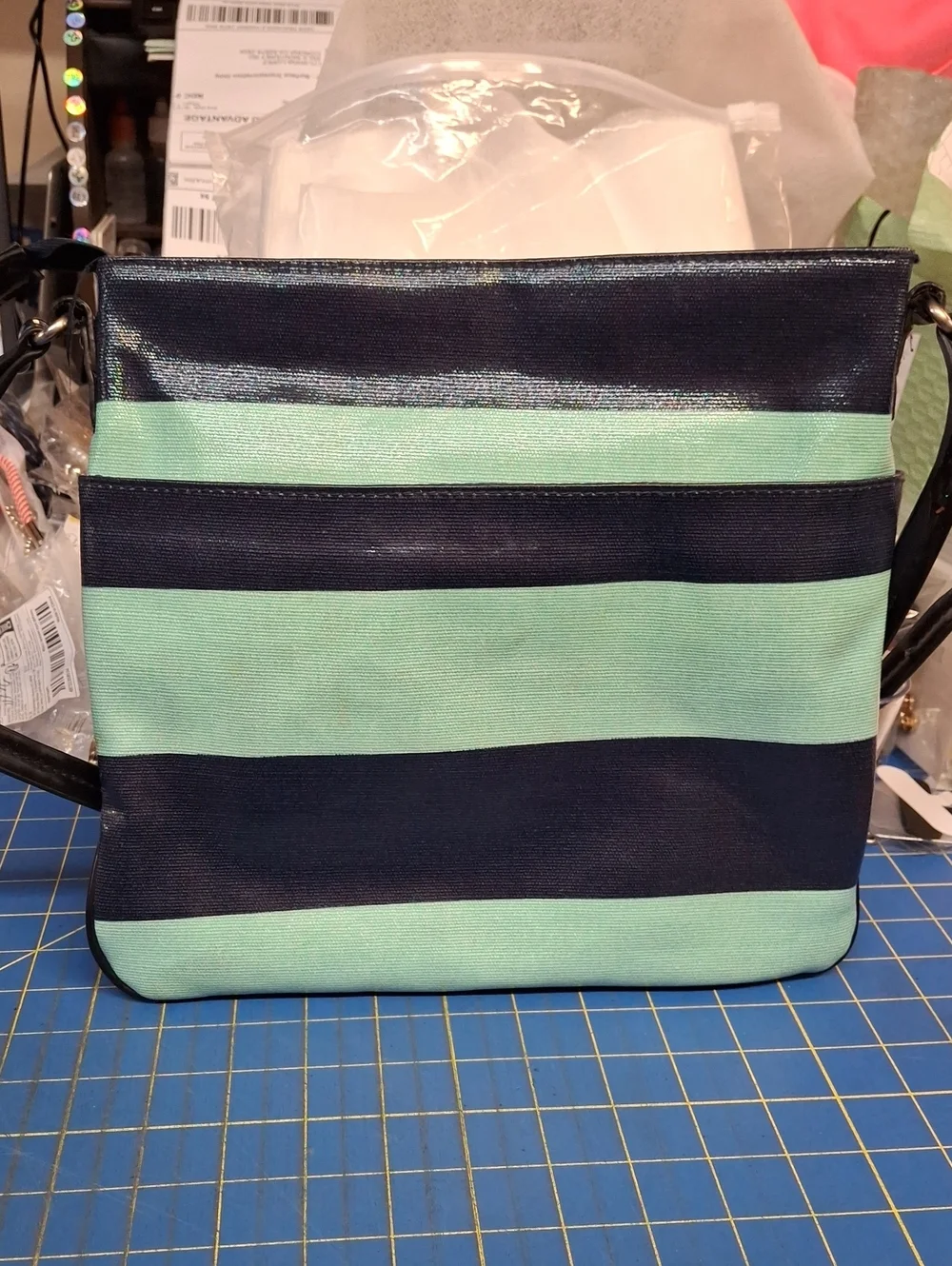 Merona Striped Crossbody Bag Mint Navy Shoulder Bag 11x10x0.5 Preloved